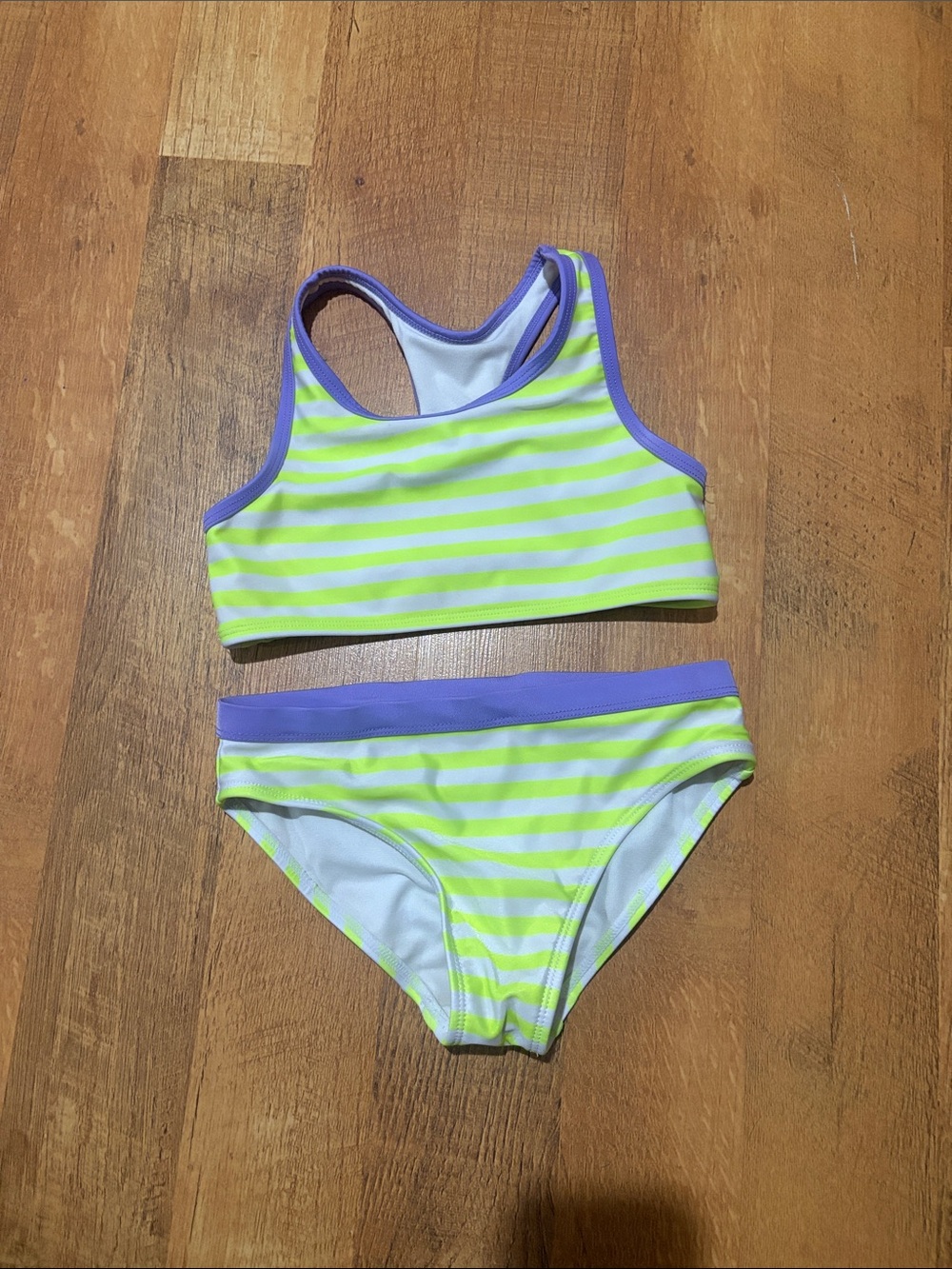wonder nation Neon Yellow & Lavender Striped Two-Piece Swim Set